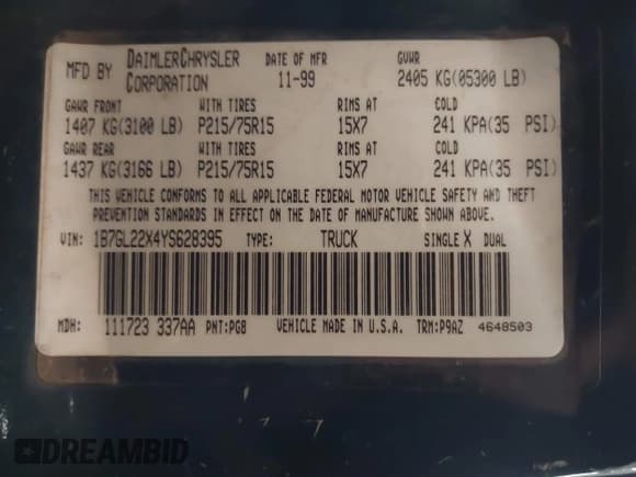 ✅ 2000 Dodge Dakota • VIN: 1B7GL22X4YS628395 • Lot: 41241161. Wystawiony na IAAI z przebiegiem 183 374 mil. Bezpłatny archiwum sprzedaży aukcyjnych z USA i szczegółowy raport historii pojazdu na DreamBid. Zdjęcie 9.
