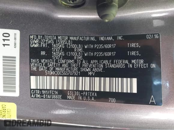 ✅ 2016 Toyota Sienna LE AAS • VIN: 5TDKK3DC5GS707921 • Лот: 43116737. Опубликован ранее на IAAI с пробегом 131 515 миль. Бесплатный доступ к архиву аукционных продаж из США и подробный отчёт об истории автомобиля на DreamBid. Изображение 9.