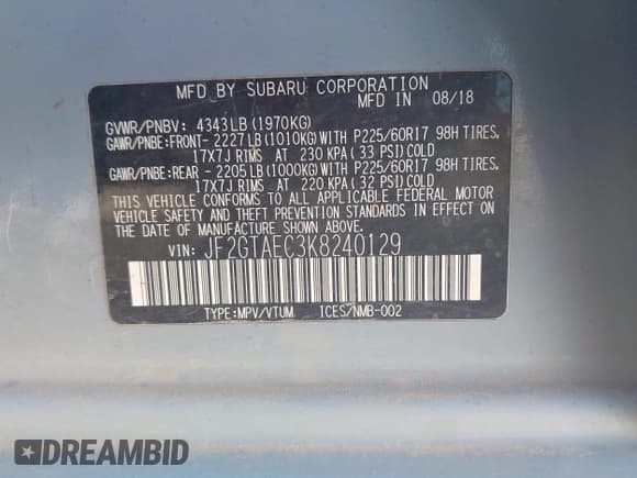 ✅ 2019 Subaru Crosstrek Premium • VIN: JF2GTAEC3K8240129 • Lot: 43629298. Listed on IAAI with 206,672 mi. Free auction sales archive from the USA and detailed vehicle history report at DreamBid. Image 9.