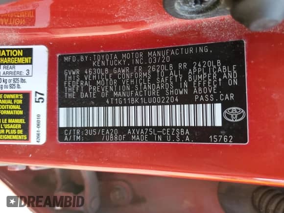 2020 Toyota Camry SE с VIN 4T1G11BK1LU002204, выставлен на аукционе Copart как лот 81647055 с пробегом 134 747 миль миль и Списание • Salvage title. История ставок и продаж доступна на DreamBid. Изображение 12.