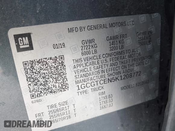 ✅ 2019 Chevrolet Colorado 4WD LT • VIN: 1GCGTCEN5K1208772 • Lot: 43475939. Listed on IAAI with 87,740 mi. Free auction sales archive from the USA and detailed vehicle history report at DreamBid. Image 9.