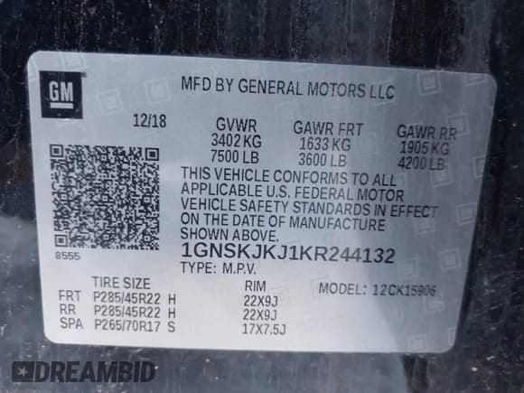 ✅ 2019 Chevrolet Suburban Premier • VIN: 1GNSKJKJ1KR244132 • Lot: 43398687. Listed on IAAI with 101,893 mi. Free auction sales archive from the USA and detailed vehicle history report at DreamBid. Image 9.