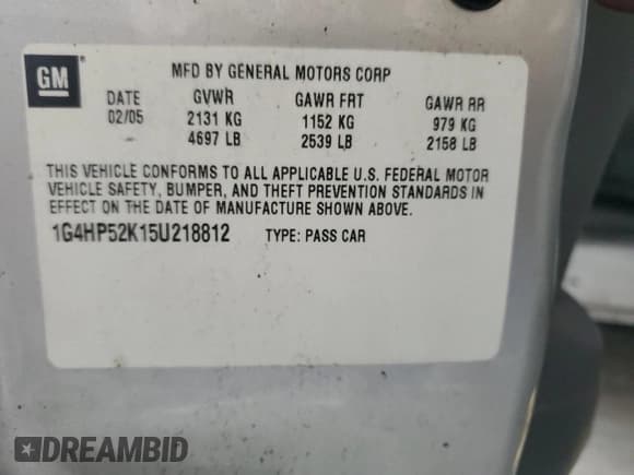 ✅ 2005 Buick LeSabre Custom • VIN: 1G4HP52K15U218812 • Lot: 85409395. Listed on Copart with 75,313 mi. Free auction sales archive from the USA and detailed vehicle history report at DreamBid. Image 12.