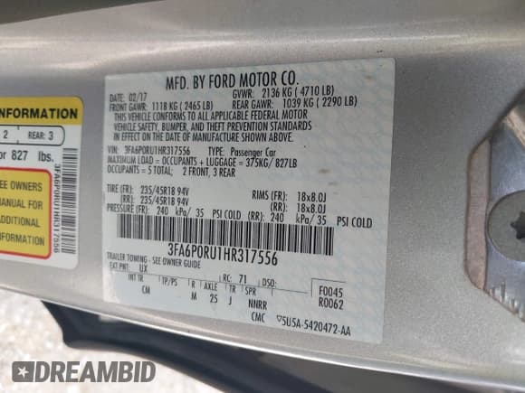 ✅ 2017 Ford Fusion Hybrid Titanium • VIN: 3FA6P0RU1HR317556 • Lot: 42549706. Listed on IAAI with 77,744 mi. Free auction sales archive from the USA and detailed vehicle history report at DreamBid. Image 9.