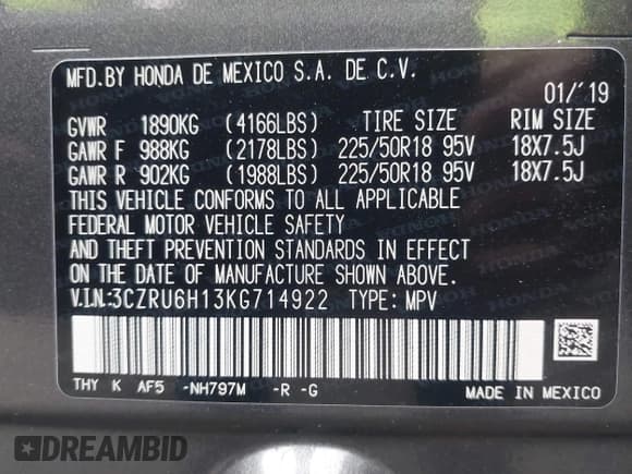 ✅ 2019 Honda HR-V Sport • VIN: 3CZRU6H13KG714922 • Lot: 43438115. Wystawiony na IAAI z przebiegiem 95 374 mil. Bezpłatny archiwum sprzedaży aukcyjnych z USA i szczegółowy raport historii pojazdu na DreamBid. Zdjęcie 9.
