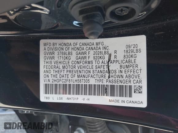 ✅ 2020 Honda Civic Sport • VIN: 2HGFC2F81LH587305 • Lot: 43189999. Wystawiony na IAAI z przebiegiem 54 350 mil. Bezpłatny archiwum sprzedaży aukcyjnych z USA i szczegółowy raport historii pojazdu na DreamBid. Zdjęcie 9.