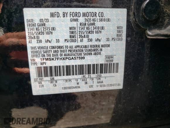 2023 Ford Explorer Limited with VIN 1FMSK7FHXPGA57599, listed as a Copart auction lot 70233705 with 41,132 mi miles and Clean title. Bid and sale history available at DreamBid. Image 13.