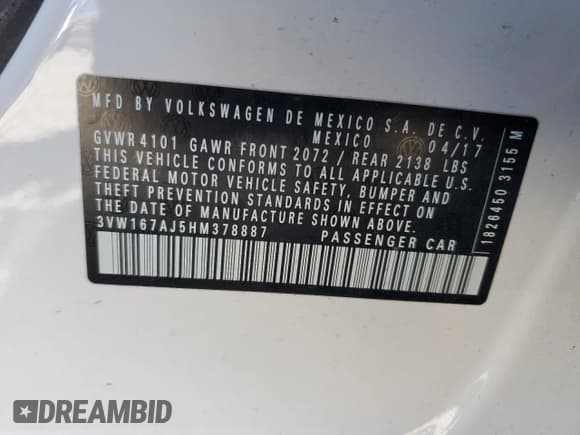 ✅ 2017 Volkswagen Jetta S • VIN: 3VW167AJ5HM378887 • Lot: 82465605. Listed on Copart with 64,001 mi. Free auction sales archive from the USA and detailed vehicle history report at DreamBid. Image 13.