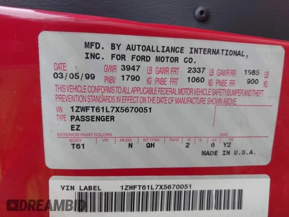 ✅ 1999 Mercury Cougar • VIN: 1ZWFT61L7X5670051 • Лот: 42273205. Опубликован ранее на IAAI с пробегом 92 722 миль. Бесплатный доступ к архиву аукционных продаж из США и подробный отчёт об истории автомобиля на DreamBid. Изображение 9.