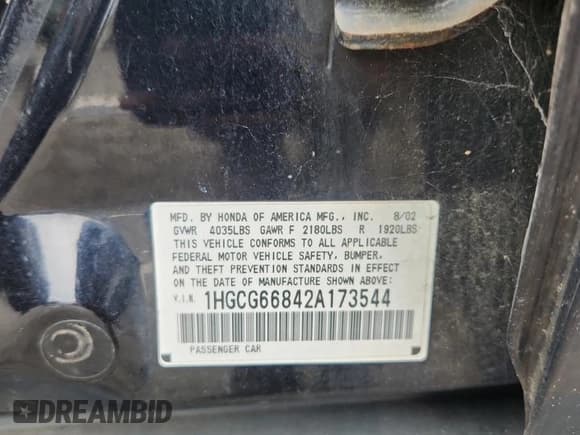 ✅ 2002 Honda Accord SE • VIN: 1HGCG66842A173544 • Lot: 85285185. Listed on Copart with 133,615 mi. Free auction sales archive from the USA and detailed vehicle history report at DreamBid. Image 12.