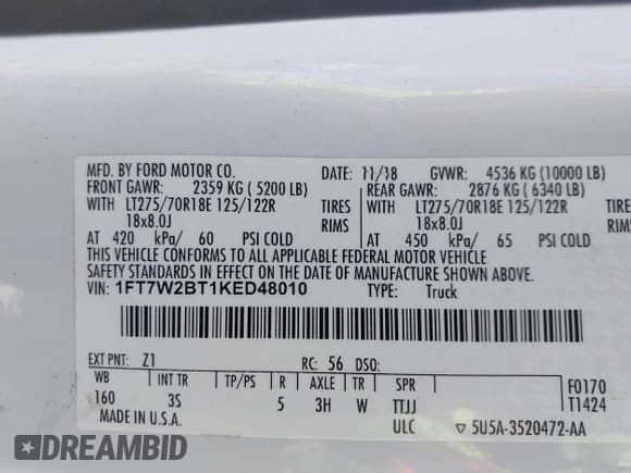 ✅ 2019 Ford F-250 XL • VIN: 1FT7W2BT1KED48010 • Lot: 42369876. Listed on IAAI with 184,482 mi. Free auction sales archive from the USA and detailed vehicle history report at DreamBid. Image 9.