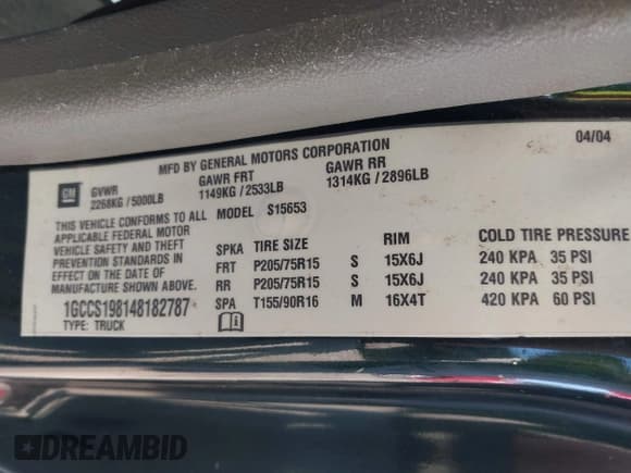 ✅ 2004 Chevrolet Colorado Z85 • VIN: 1GCCS198148182787 • Lot: 42483702. Listed on IAAI with 104,715 mi. Free auction sales archive from the USA and detailed vehicle history report at DreamBid. Image 9.