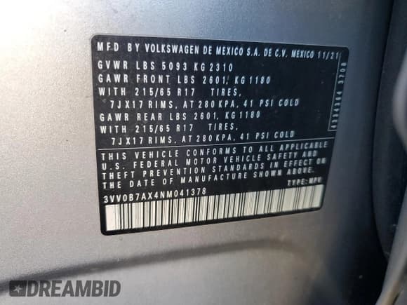 ✅ 2022 Volkswagen Tiguan S • VIN: 3VV0B7AX4NM041378 • Lot: 84607015. Listed on Copart with 95,305 mi. Free auction sales archive from the USA and detailed vehicle history report at DreamBid. Image 13.