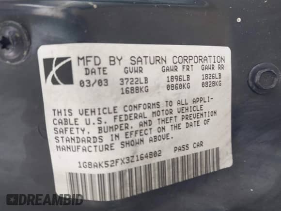 2003 Saturn ION ION 3 with VIN 1G8AK52FX3Z164802, listed as a IAAI auction lot 42294131 with 145,256 mi miles and . Bid and sale history available at DreamBid. Image 9.