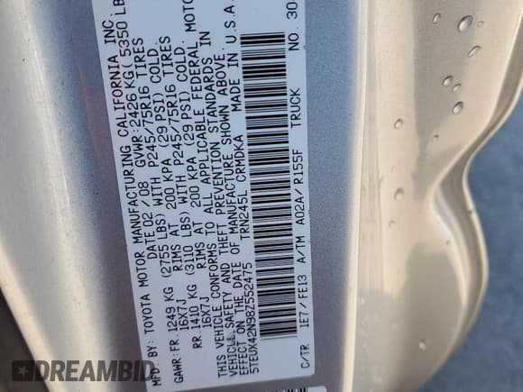 ✅ 2008 Toyota Tacoma • VIN: 5TEUX42N98Z552475 • Lot: 87235795. Listed on Copart with 163,037 mi. Free auction sales archive from the USA and detailed vehicle history report at DreamBid. Image 12.