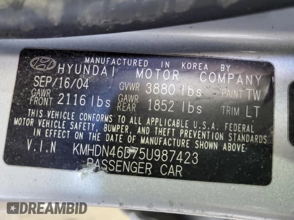 ✅ 2005 Hyundai Elantra GLS • VIN: KMHDN46D75U987423 • Lot: 55919705. Wystawiony na Copart z przebiegiem 238 496 mil. Bezpłatny archiwum sprzedaży aukcyjnych z USA i szczegółowy raport historii pojazdu na DreamBid. Zdjęcie 12.