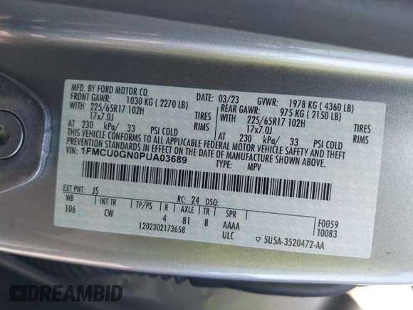 ✅ 2023 Ford Escape Active • VIN: 1FMCU0GN0PUA03689 • Lot: 43465181. Listed on IAAI with 15,957 mi. Free auction sales archive from the USA and detailed vehicle history report at DreamBid. Image 9.