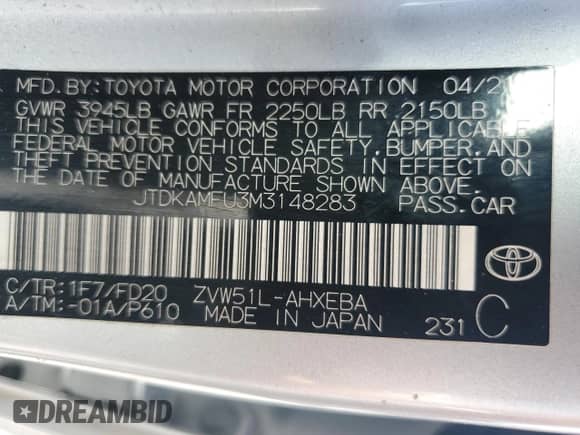 2021 Toyota Prius L Eco with VIN JTDKAMFU3M3148283, listed as a Copart auction lot 58578225 with 89,944 mi miles and Salvage title. Bid and sale history available at DreamBid. Image 12.