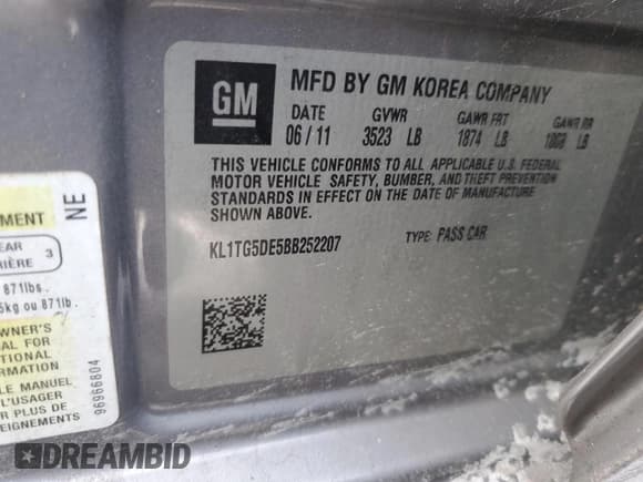 ✅ 2011 Chevrolet Aveo 2LT • VIN: KL1TG5DE5BB252207 • Lot: 43871595. Wystawiony na Copart z przebiegiem 107 319 mil. Bezpłatny archiwum sprzedaży aukcyjnych z USA i szczegółowy raport historii pojazdu na DreamBid. Zdjęcie 12.