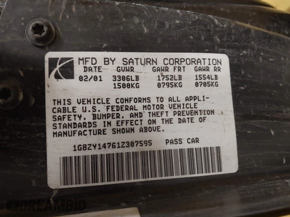 ✅ 2001 Saturn SC • VIN: 1G8ZY14761Z307595 • Лот: 43562192. Опубликован ранее на IAAI с пробегом 158 824 миль. Бесплатный доступ к архиву аукционных продаж из США и подробный отчёт об истории автомобиля на DreamBid. Изображение 9.