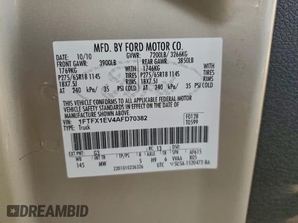 ✅ 2010 Ford F-150 XL • VIN: 1FTFX1EV4AFD70382 • Lot: 95240595. Listed on Copart with 135,700 mi. Free auction sales archive from the USA and detailed vehicle history report at DreamBid. Image 12.