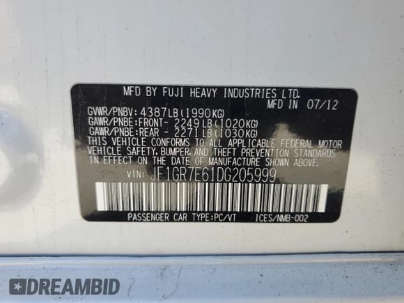 ✅ 2013 Subaru WRX WRX • VIN: JF1GR7E61DG205999 • Lot: 82067845. Listed on Copart with 182,355 mi. Free auction sales archive from the USA and detailed vehicle history report at DreamBid. Image 13.