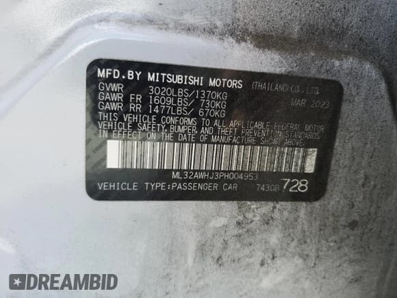 ✅ 2023 Mitsubishi Mirage Black Edition • VIN: ML32AWHJ3PH004953 • Lot: 65841305. Listed on Copart with 66,678 mi. Free auction sales archive from the USA and detailed vehicle history report at DreamBid. Image 12.
