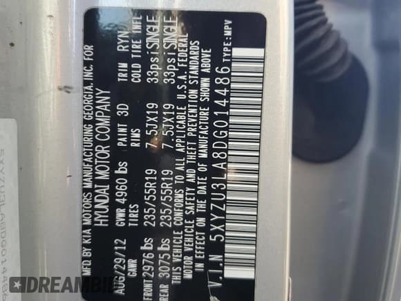 ✅ 2013 Hyundai Santa Fe Sport • VIN: 5XYZU3LA8DG014486 • Lot: 93076085. Listed on Copart with 147,456 mi. Free auction sales archive from the USA and detailed vehicle history report at DreamBid. Image 13.