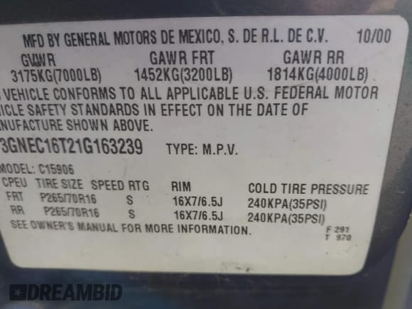 ✅ 2001 Chevrolet Suburban LS • VIN: 3GNEC16T21G163239 • Лот: 42037678. Опубликован ранее на IAAI с пробегом 293 293 миль. Бесплатный доступ к архиву аукционных продаж из США и подробный отчёт об истории автомобиля на DreamBid. Изображение 9.