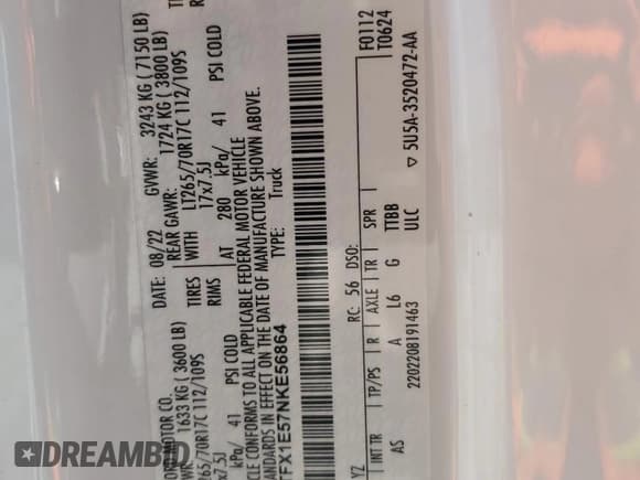 ✅ 2022 Ford F-150 XL • VIN: 1FTFX1E57NKE56864 • Lot: 66125245. Listed on Copart with 40,643 mi. Free auction sales archive from the USA and detailed vehicle history report at DreamBid. Image 12.