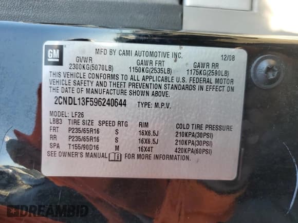 ✅ 2009 Chevrolet Equinox LS • VIN: 2CNDL13F596240644 • Лот: 80416093. Опубликован ранее на Copart с пробегом 119 197 миль. Бесплатный доступ к архиву аукционных продаж из США и подробный отчёт об истории автомобиля на DreamBid. Изображение 12.