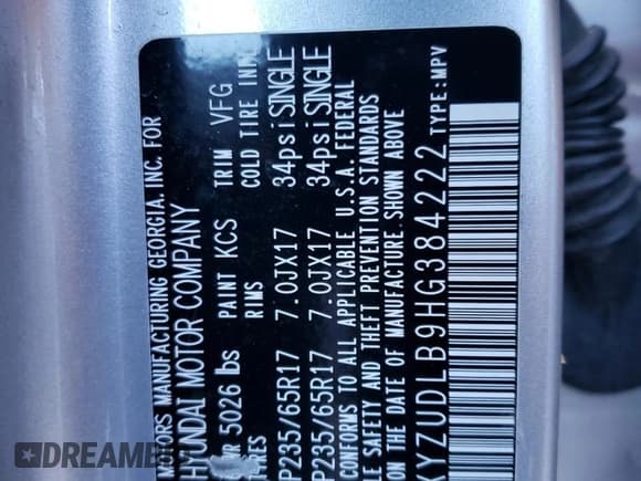 ✅ 2017 Hyundai Santa Fe 2.4L • VIN: 5XYZUDLB9HG384222 • Lot: 45203183. Listed on Copart with 79,252 mi. Free auction sales archive from the USA and detailed vehicle history report at DreamBid. Image 13.