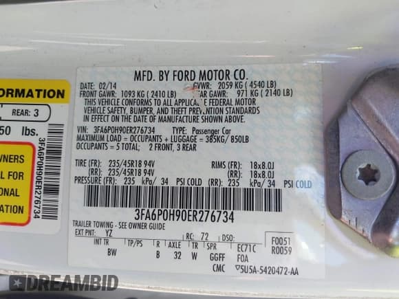 ✅ 2014 Ford Fusion SE • VIN: 3FA6P0H90ER276734 • Lot: 42663489. Listed on IAAI with 141,007 mi. Free auction sales archive from the USA and detailed vehicle history report at DreamBid. Image 9.