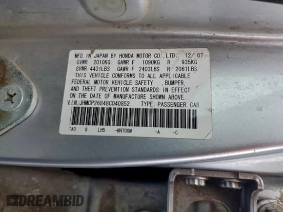 ✅ 2008 Honda Accord EX-L • VIN: JHMCP26848C040852 • Lot: 94703895. Wystawiony na Copart z przebiegiem 254 449 mil. Bezpłatny archiwum sprzedaży aukcyjnych z USA i szczegółowy raport historii pojazdu na DreamBid. Zdjęcie 12.