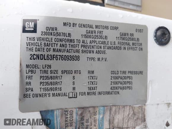 ✅ 2007 Chevrolet Equinox LT • VIN: 2CNDL63F676093938 • Лот: 42068468. Опубликован ранее на IAAI с пробегом 132 394 миль. Бесплатный доступ к архиву аукционных продаж из США и подробный отчёт об истории автомобиля на DreamBid. Изображение 9.