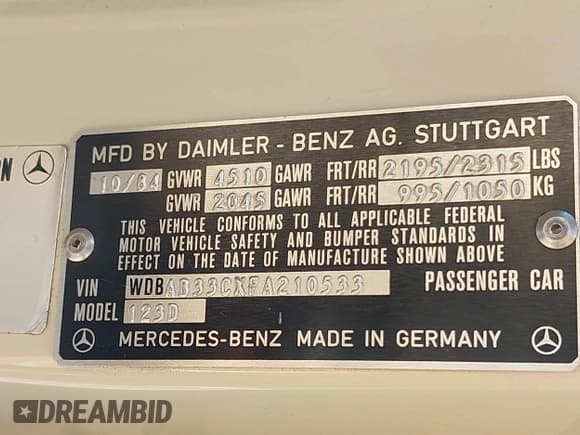 ✅ 1985 Mercedes-Benz 300 • VIN: WDBAB33CXFA210533 • Lot: 42653106. Listed on IAAI with 248,379 mi. Free auction sales archive from the USA and detailed vehicle history report at DreamBid. Image 9.