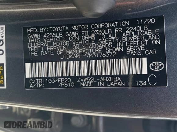 2021 Toyota Prius LE z VIN JTDKAMFP7M3176372, wystawiony jako Copart lot #68893794 z przebiegiem 59 421 mil mil oraz Szkoda całkowita • Salvage title. Historia ofert i sprzedaży dostępna na DreamBid. Obrazek 13.