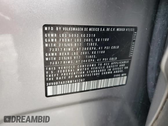 ✅ 2022 Volkswagen Tiguan S • VIN: 3VV0B7AX2NM141267 • Lot: 67865815. Wystawiony na Copart z przebiegiem 64 146 mil. Bezpłatny archiwum sprzedaży aukcyjnych z USA i szczegółowy raport historii pojazdu na DreamBid. Zdjęcie 13.