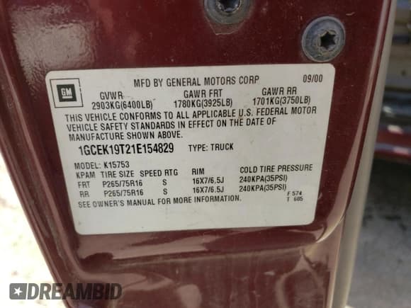 ✅ 2001 Chevrolet Silverado 1500 LT • VIN: 1GCEK19T21E154829 • Лот: 61735724. Опубликован ранее на Copart с пробегом 257 158 миль. Бесплатный доступ к архиву аукционных продаж из США и подробный отчёт об истории автомобиля на DreamBid. Изображение 12.