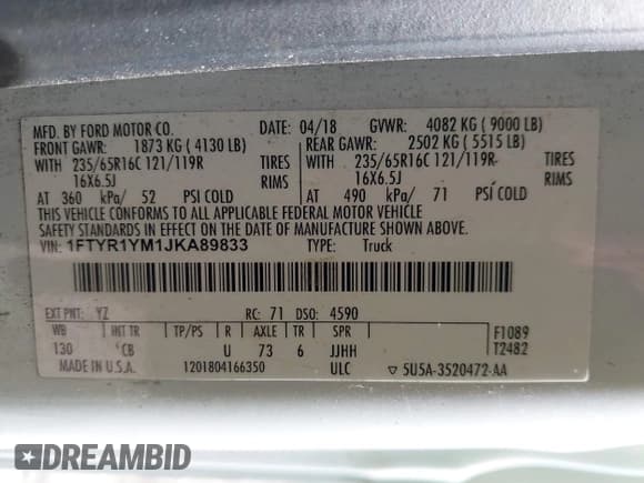 ✅ 2018 Ford Transit • VIN: 1FTYR1YM1JKA89833 • Lot: 41833114. Listed on IAAI with 201,883 mi. Free auction sales archive from the USA and detailed vehicle history report at DreamBid. Image 9.