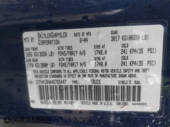 2004 Dodge 1500 SLT with VIN 1D7HA18NX4S765447, listed as a IAAI auction lot 43498794 with 216,835 mi miles and . Bid and sale history available at DreamBid. Image 9.