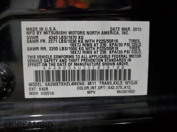 ✅ 2013 Mitsubishi Outlander LE • VIN: 4A4AR5AU3DE018700 • Lot: 91174975. Listed on Copart with 131,238 mi. Free auction sales archive from the USA and detailed vehicle history report at DreamBid. Image 14.