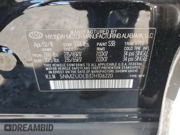 2018 Hyundai Santa Fe 2.4L с VIN 5NMZUDLB3JH106220, выставлен на аукционе Copart как лот 91757075 с пробегом Не указан миль и На запчасти • Non repairable. История ставок и продаж доступна на DreamBid. Изображение 14.