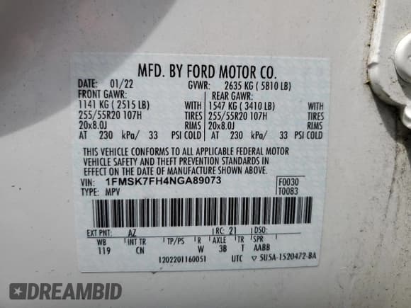 ✅ 2022 Ford Explorer Limited • VIN: 1FMSK7FH4NGA89073 • Lot: 52883475. Listed on Copart with 55,325 mi. Free auction sales archive from the USA and detailed vehicle history report at DreamBid. Image 13.