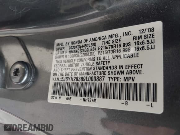 ✅ 2009 Honda Element LX • VIN: 5J6YH28389L000887 • Лот: 43078769. Опубликован ранее на IAAI с пробегом 121 564 миль. Бесплатный доступ к архиву аукционных продаж из США и подробный отчёт об истории автомобиля на DreamBid. Изображение 9.