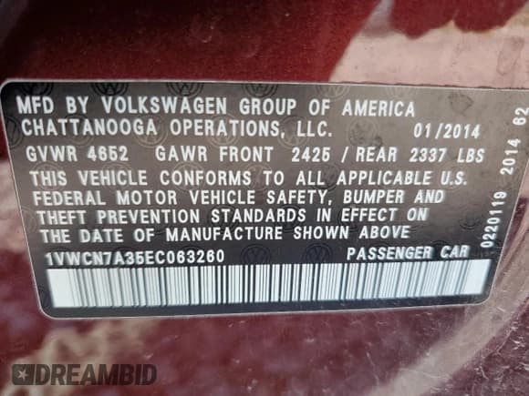 ✅ 2014 Volkswagen Passat SEL Premium • VIN: 1VWCN7A35EC063260 • Lot: 69214775. Listed on Copart with 153,519 mi. Free auction sales archive from the USA and detailed vehicle history report at DreamBid. Image 12.