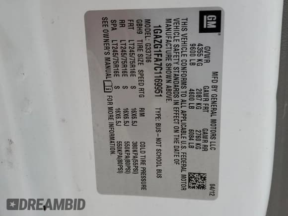 ✅ 2012 Chevrolet Express Passenger 1LT • VIN: 1GAZG1FA7C1169951 • Lot: 66708485. Listed on Copart with Not provided. Free auction sales archive from the USA and detailed vehicle history report at DreamBid. Image 13.