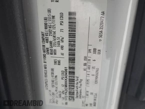 ✅ 2019 Ford Transit • VIN: 1FDYR2CMXKKA94961 • Lot: 44216665. Wystawiony na Copart z przebiegiem 219 515 mil. Bezpłatny archiwum sprzedaży aukcyjnych z USA i szczegółowy raport historii pojazdu na DreamBid. Zdjęcie 14.