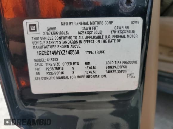 ✅ 1999 Chevrolet Silverado 1500 • VIN: 1GCEC14W1XZ145538 • Лот: 53937374. Опубликован ранее на Copart с пробегом Не указан. Бесплатный доступ к архиву аукционных продаж из США и подробный отчёт об истории автомобиля на DreamBid. Изображение 13.