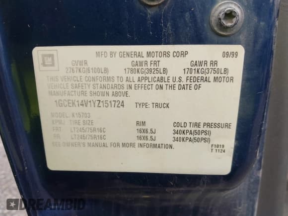 ✅ 2000 Chevrolet Silverado 1500 • VIN: 1GCEK14V1YZ151724 • Lot: 43232495. Listed on IAAI with 255,759 mi. Free auction sales archive from the USA and detailed vehicle history report at DreamBid. Image 9.